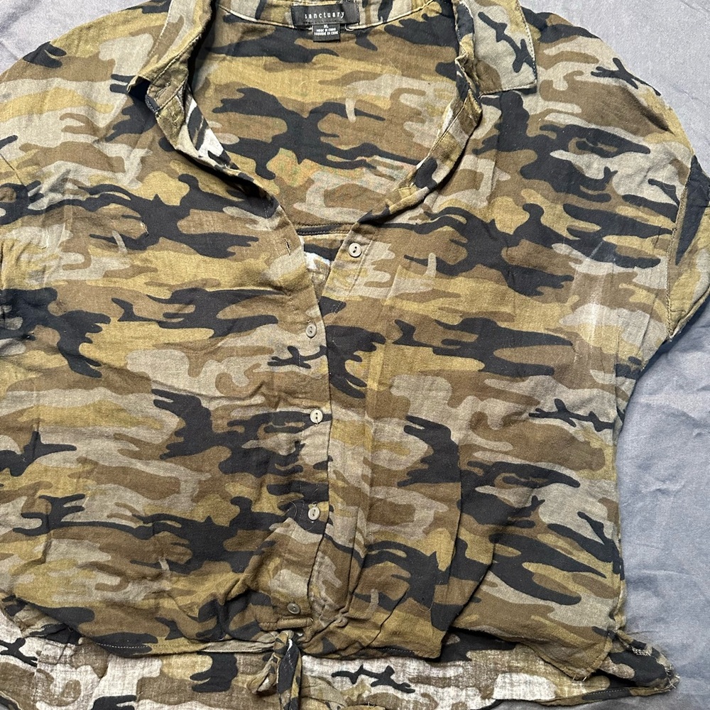 Sanctuary Camouflage Button Down Shirt - Black, Brown, Tan